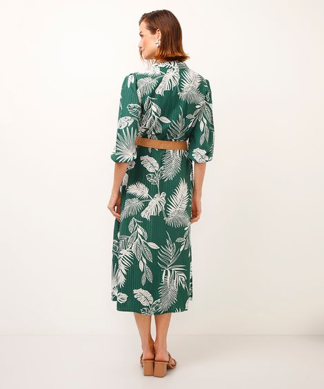 vestido chemise de viscose folhagens com cinto verde