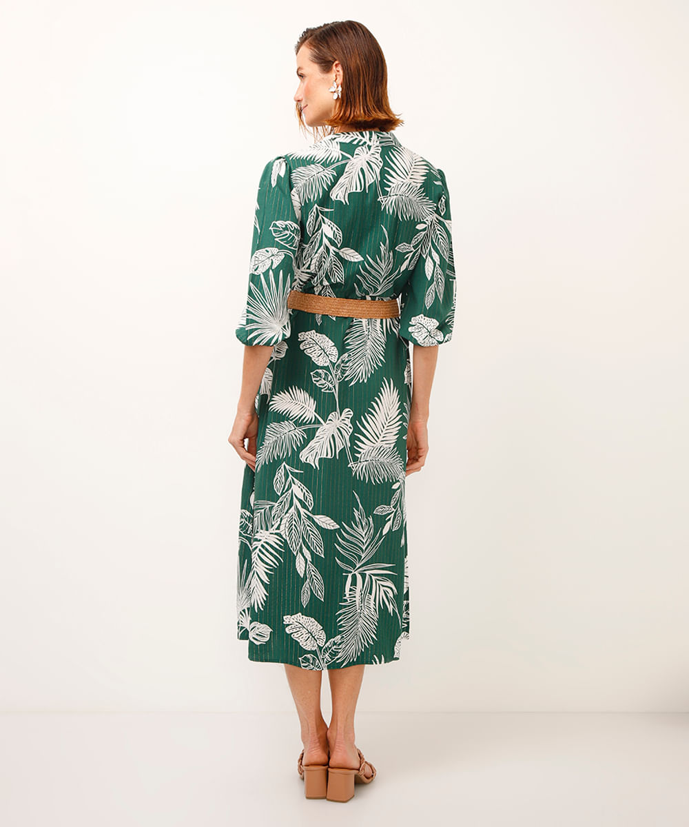 vestido chemise de viscose folhagens com cinto verde