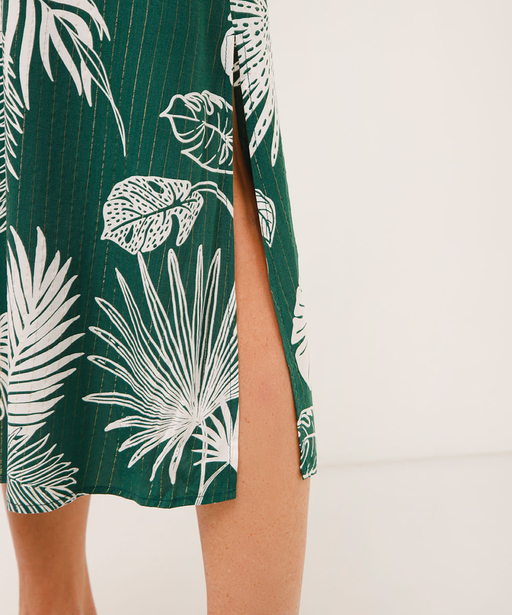 vestido chemise de viscose folhagens com cinto verde