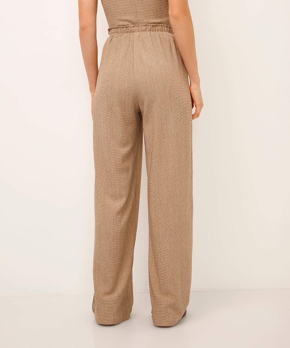 calça pantalona texturizada bege