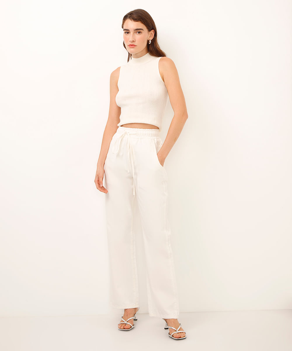 calça reta de sarja sawary off white