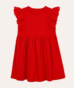 vestido curto infantil com laise floral vermelho