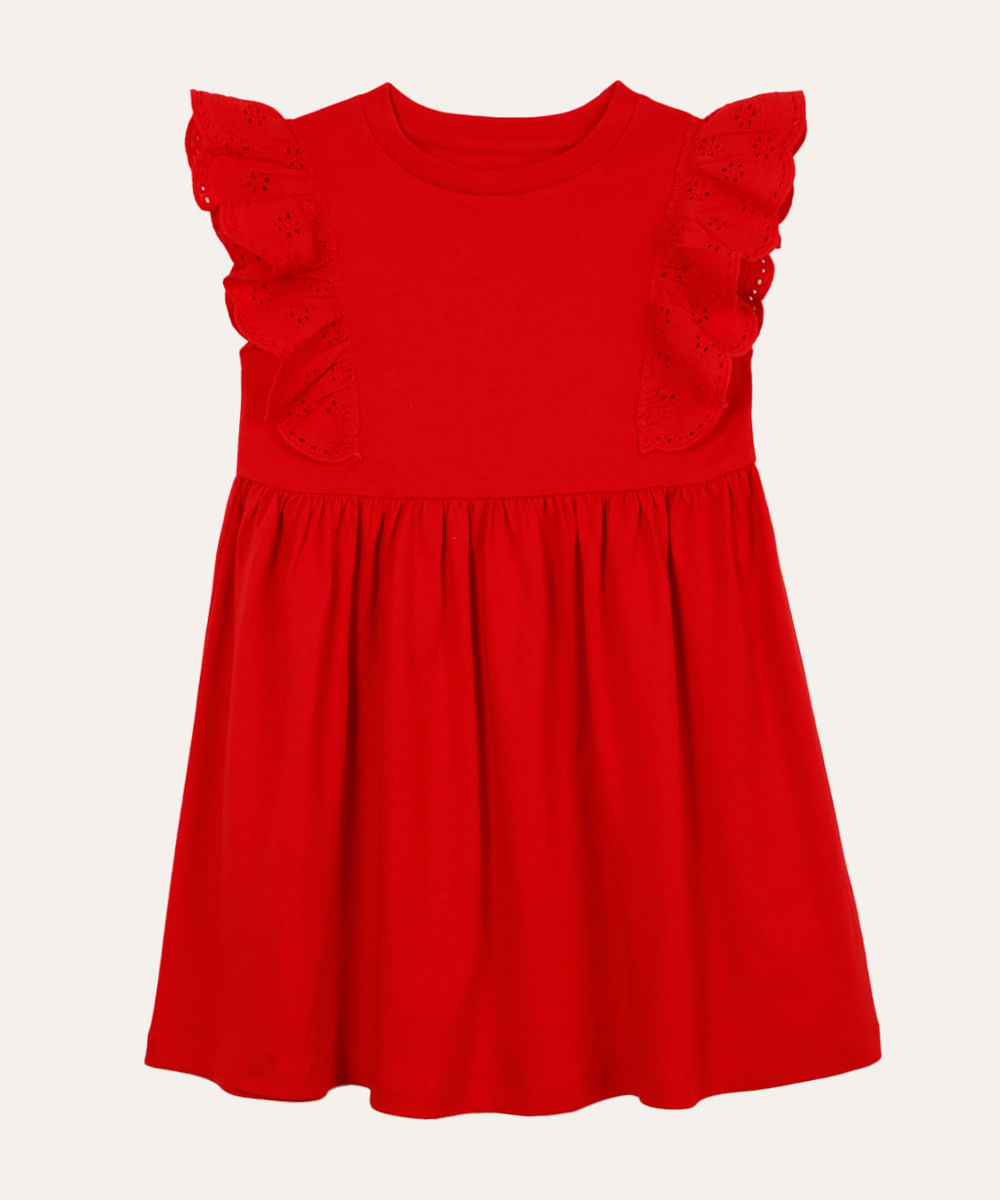 vestido curto infantil com laise floral vermelho