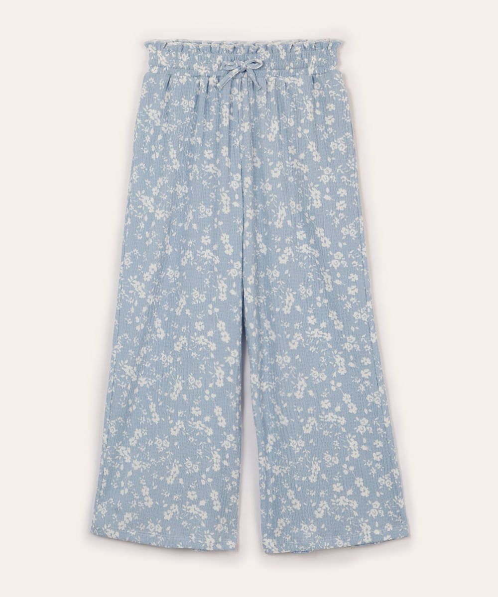 calça infantil texturizada floral azul