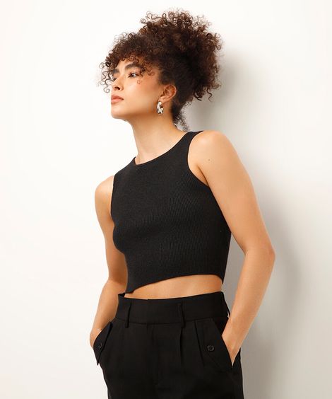 regata de tricot canelada com lurex preta