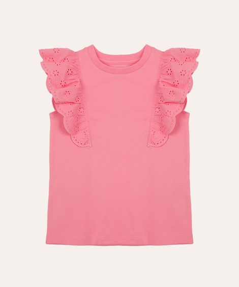 blusa de algodão infantil com babado de laise rosa