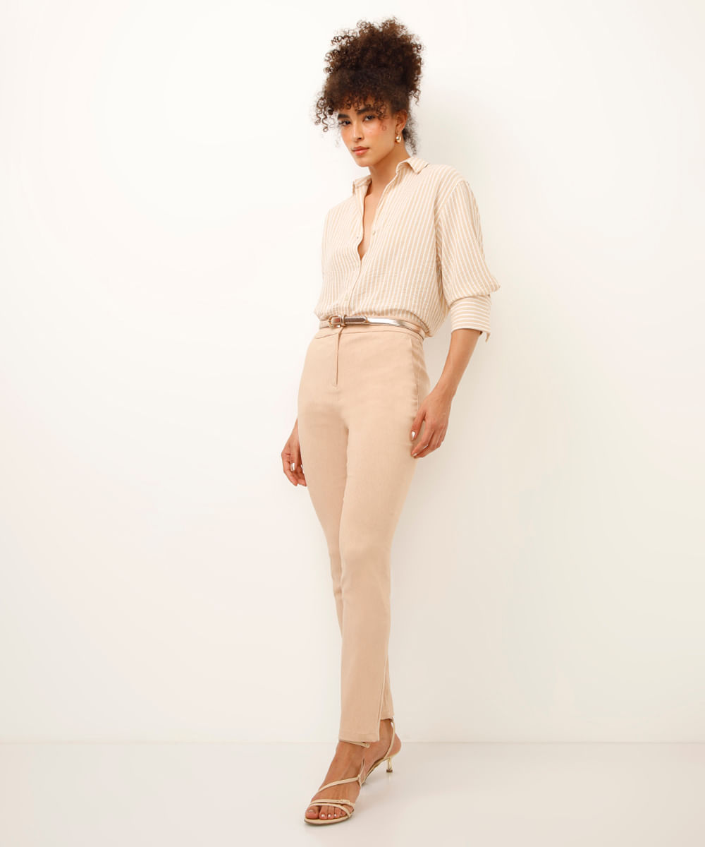 calça skinny cós elástico bege