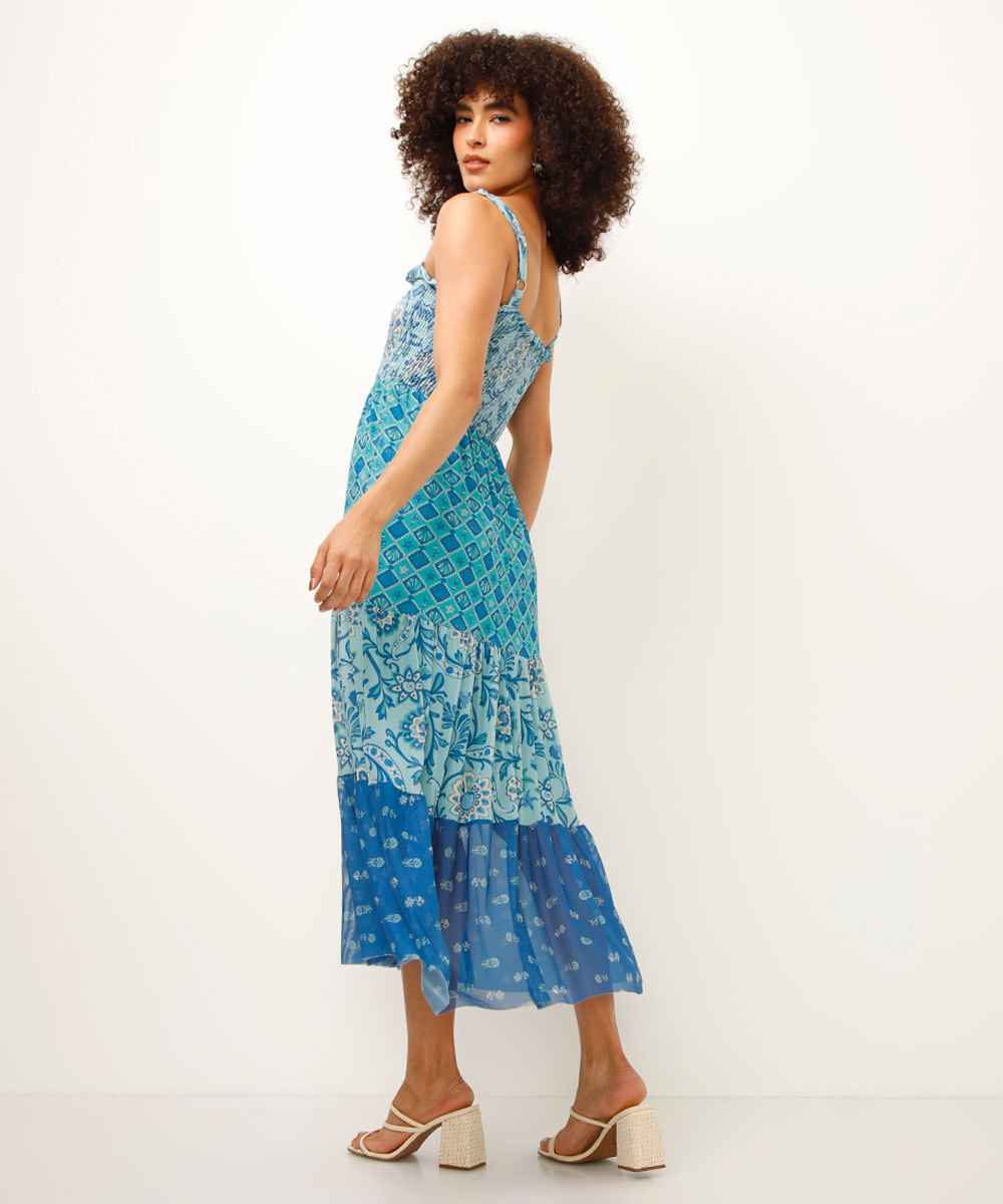 vestido midi de tule com lastex alça fina azul