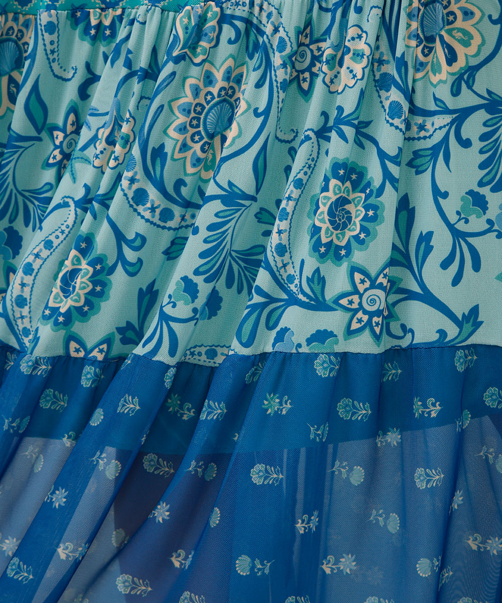 vestido midi de tule com lastex alça fina azul