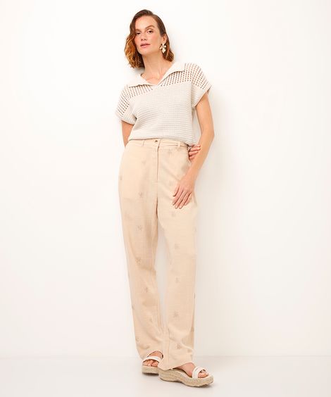 calça reta de viscose bordada bege