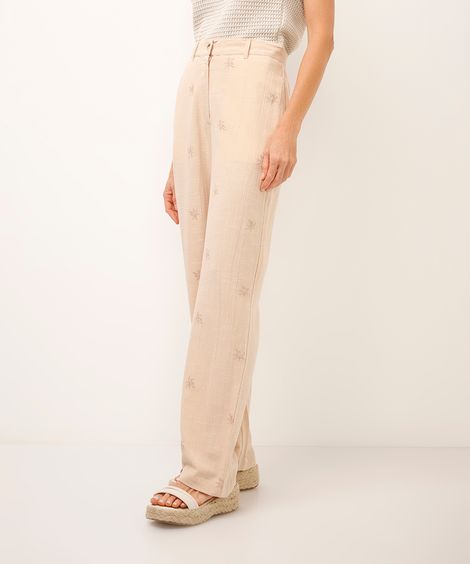 calça reta de viscose bordada bege