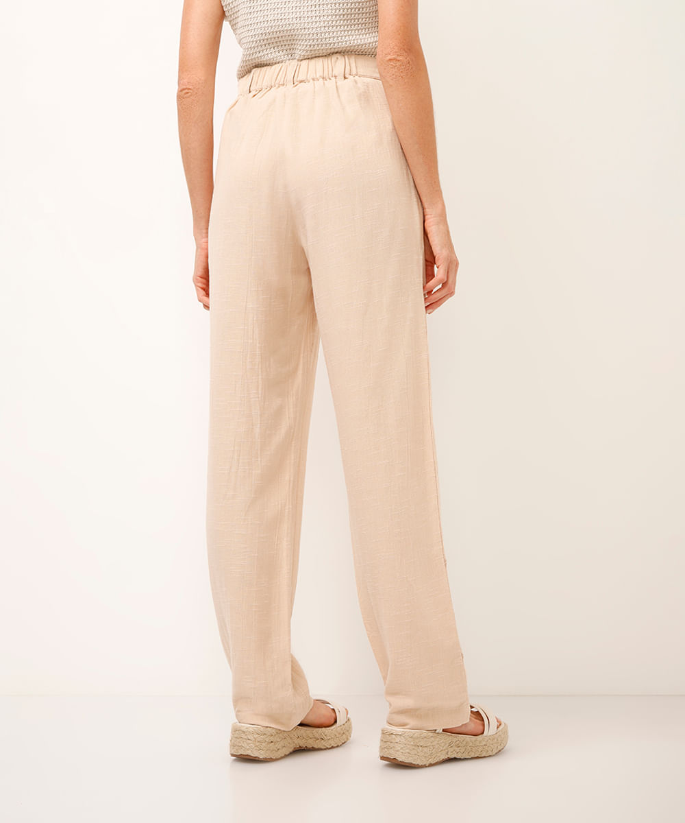 calça reta de viscose bordada bege