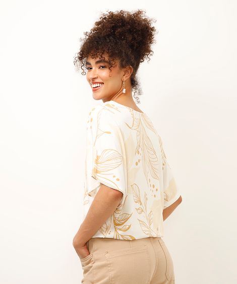 blusa de viscose decote v folhagens off white