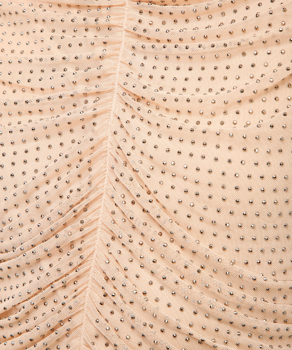 vestido curto franzido com brilhos - rosa claro