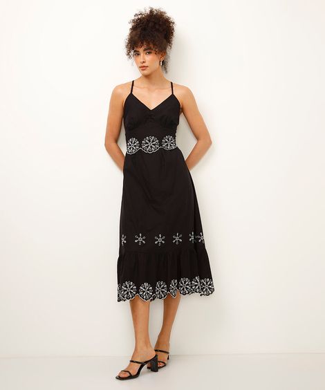 vestido midi de algodão com bordado preto