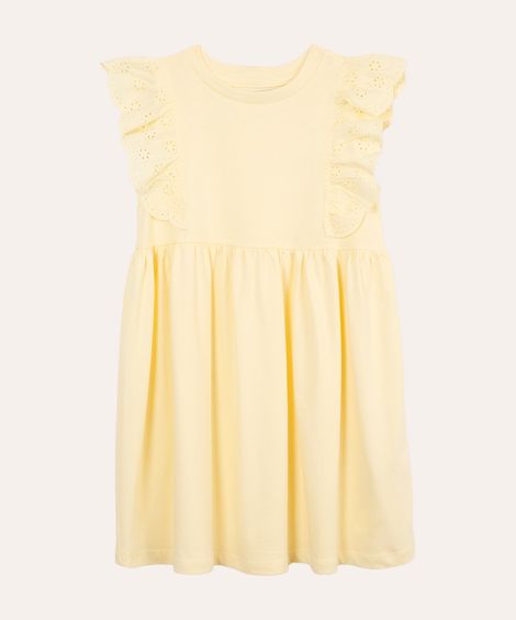 vestido curto infantil com laise floral amarelo