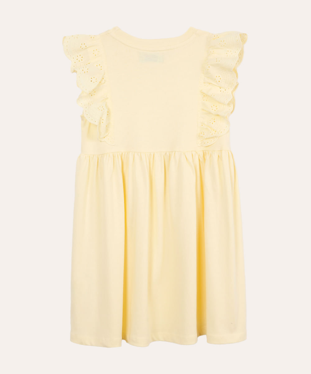 vestido curto infantil com laise floral amarelo