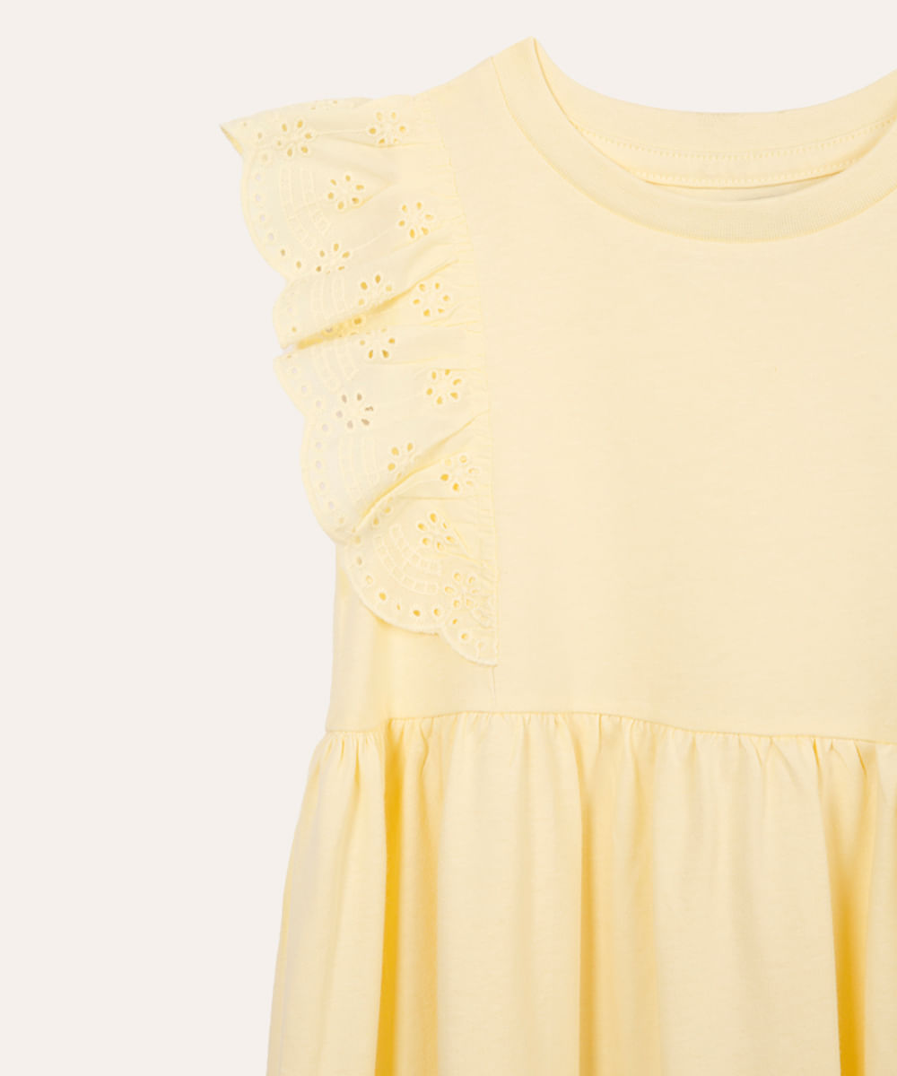 vestido curto infantil com laise floral amarelo