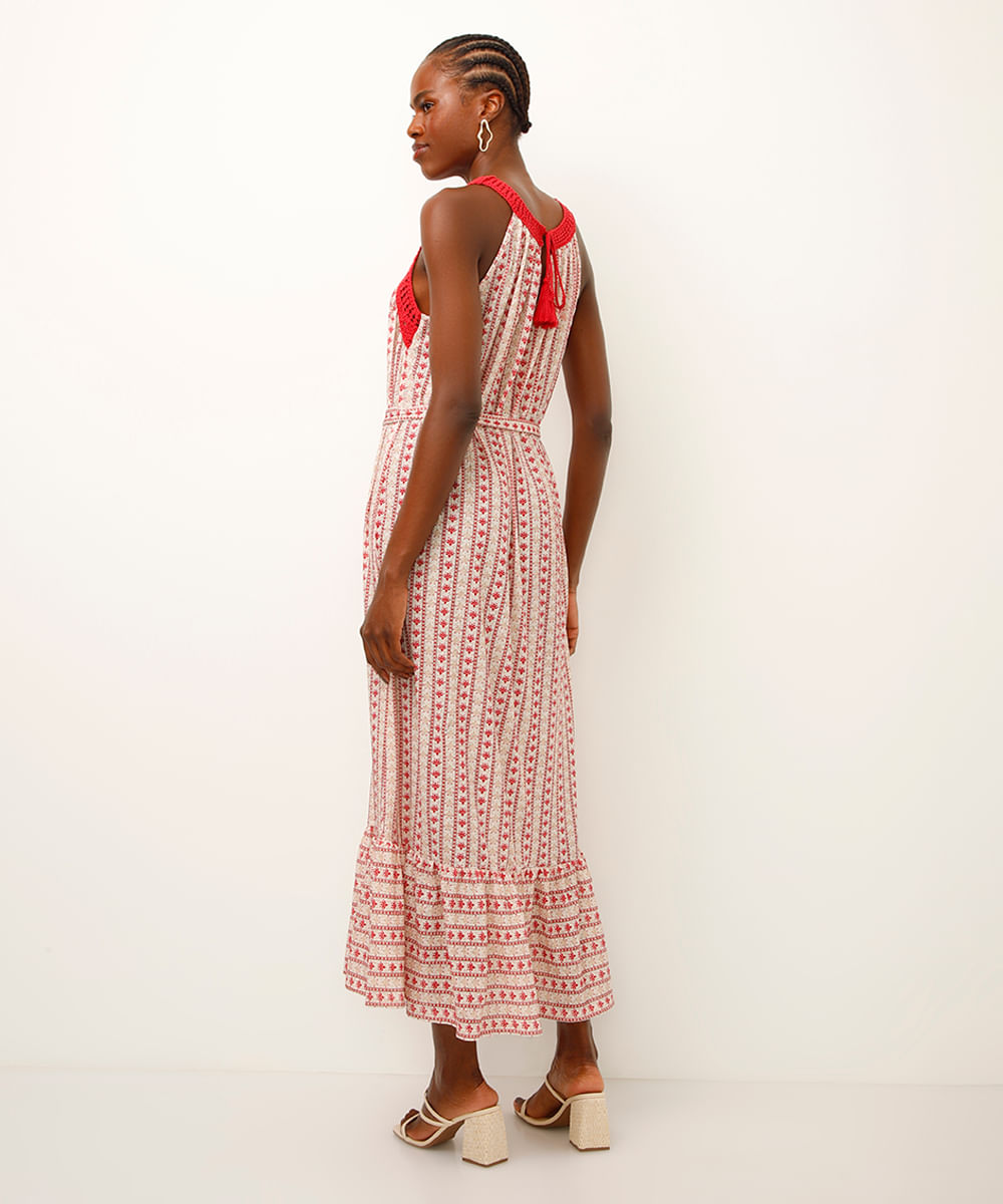 vestido midi com crochet arabescos off white