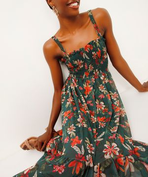 vestido midi de tule floral verde