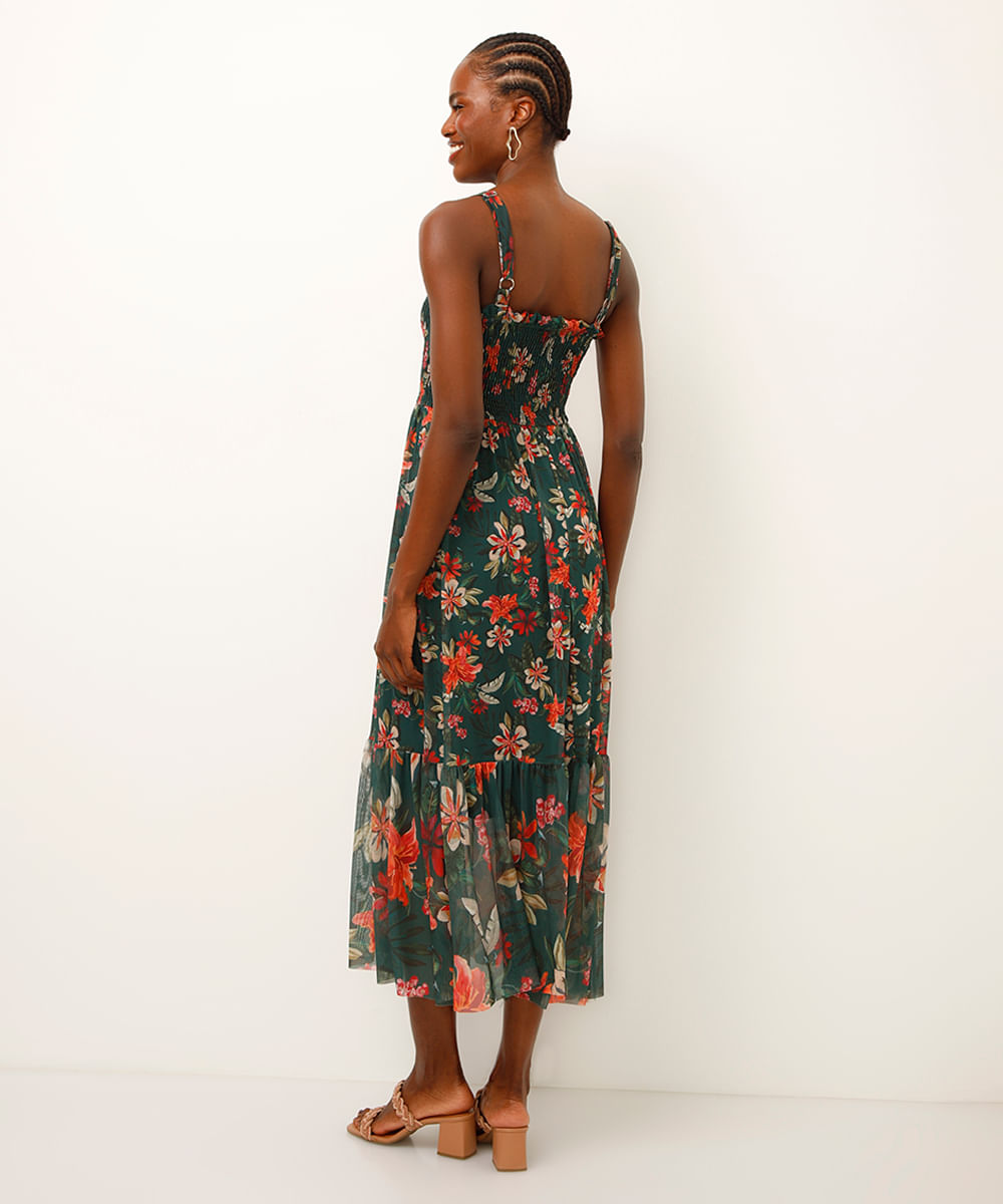 vestido midi de tule floral verde