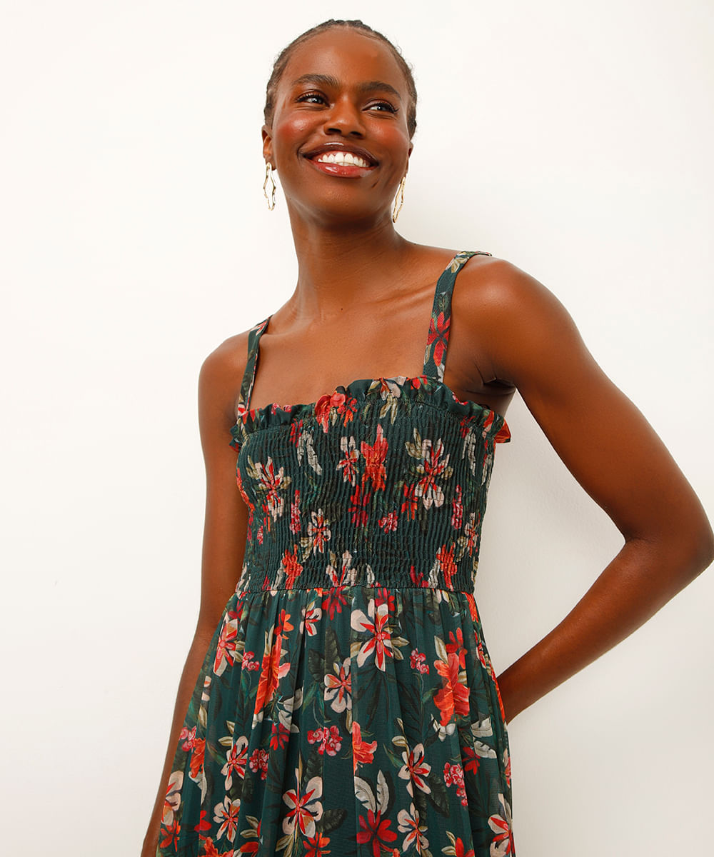 vestido midi de tule floral verde