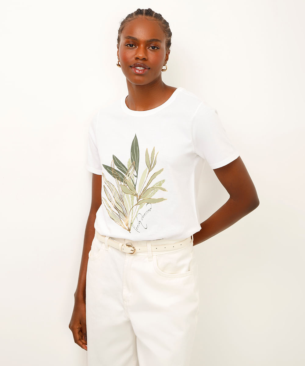 camiseta de algodão folhagens off white