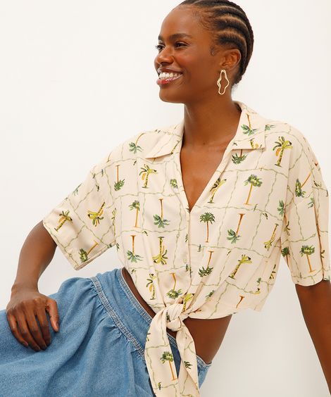 cropped de viscose com amarração folhagens amarelo