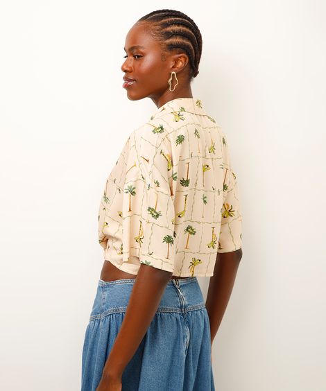 cropped de viscose com amarração folhagens amarelo