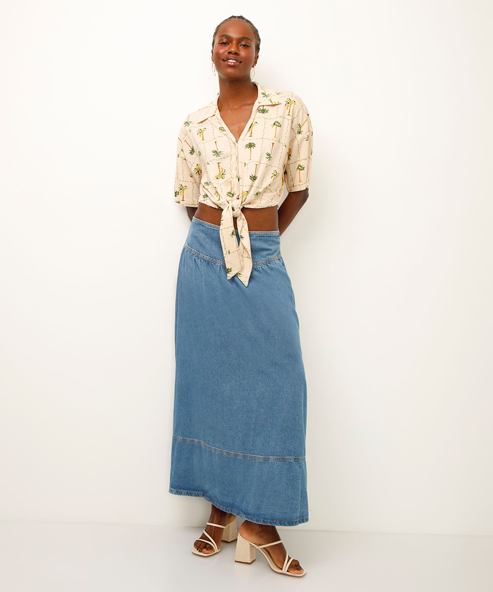 cropped de viscose com amarração folhagens amarelo