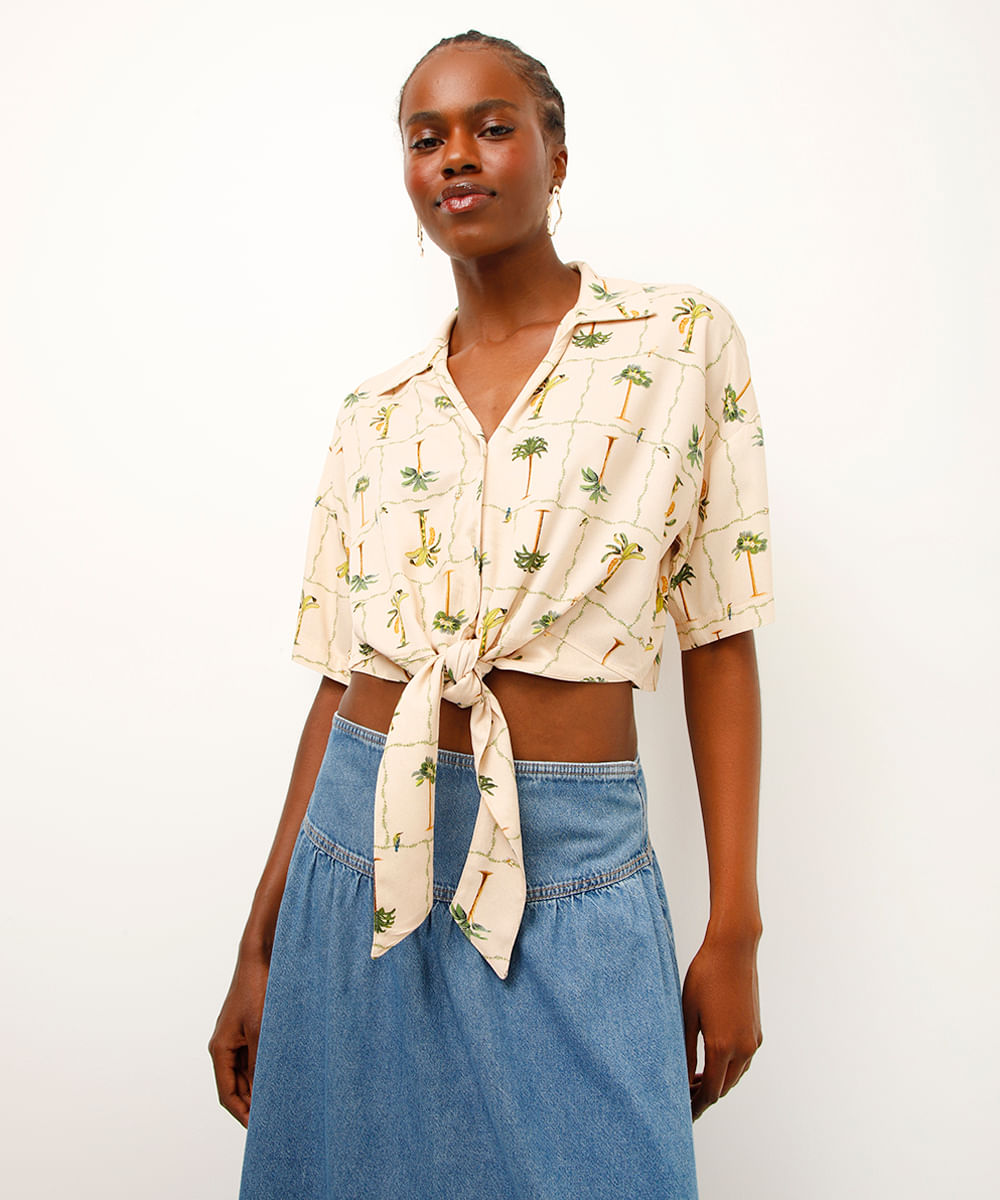 cropped de viscose com amarração folhagens amarelo