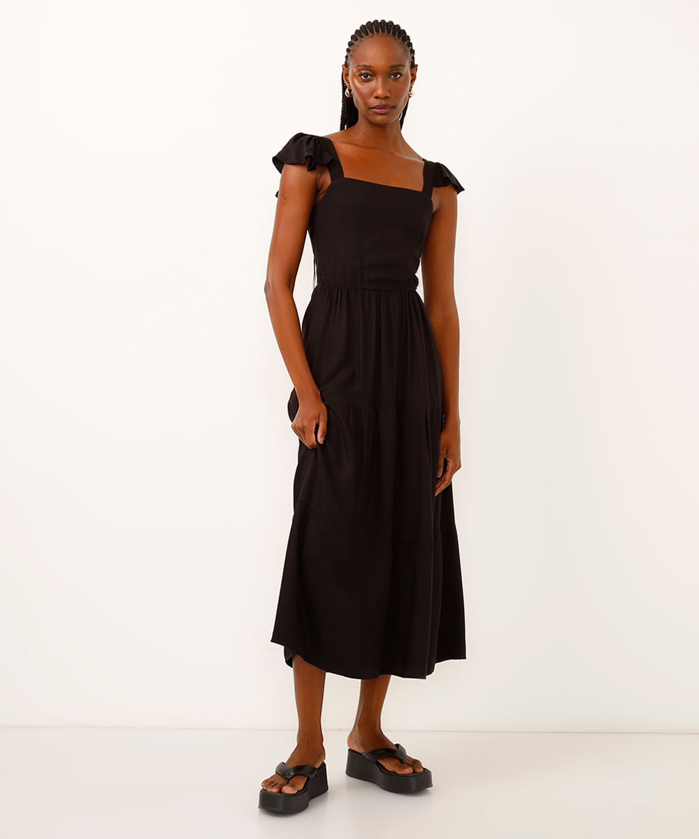 vestido midi de viscose marias preto