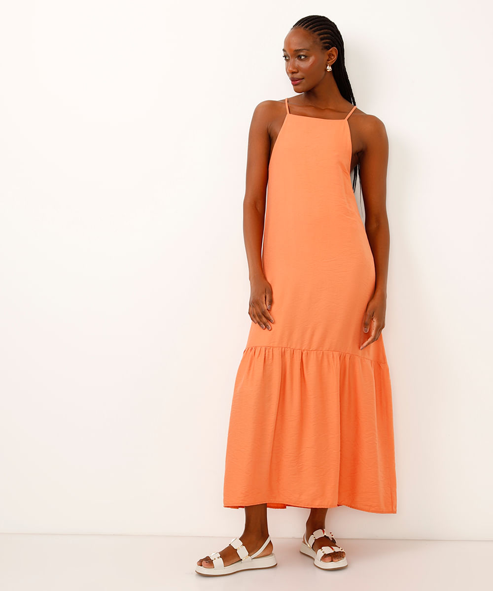 vestido midi de viscose halter neck laranja