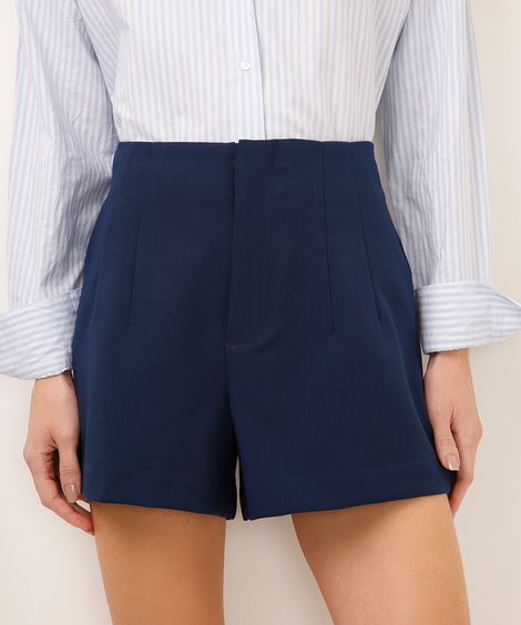 short alfaiataria cintura alta com pences azul