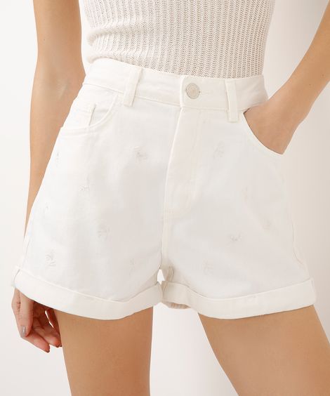 short mom de sarja com bordado floral off white