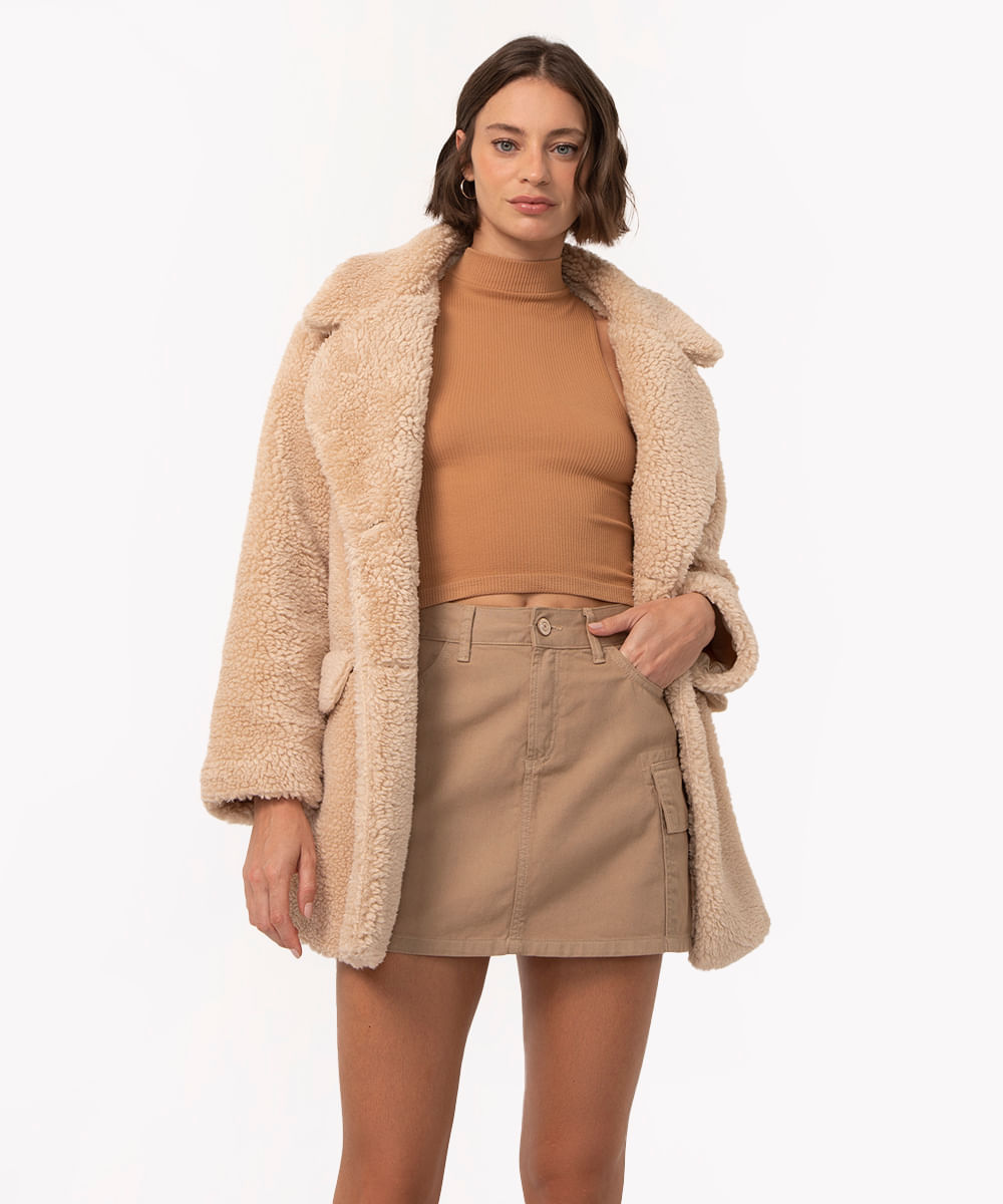 saia de sarja cargo cintura média bege