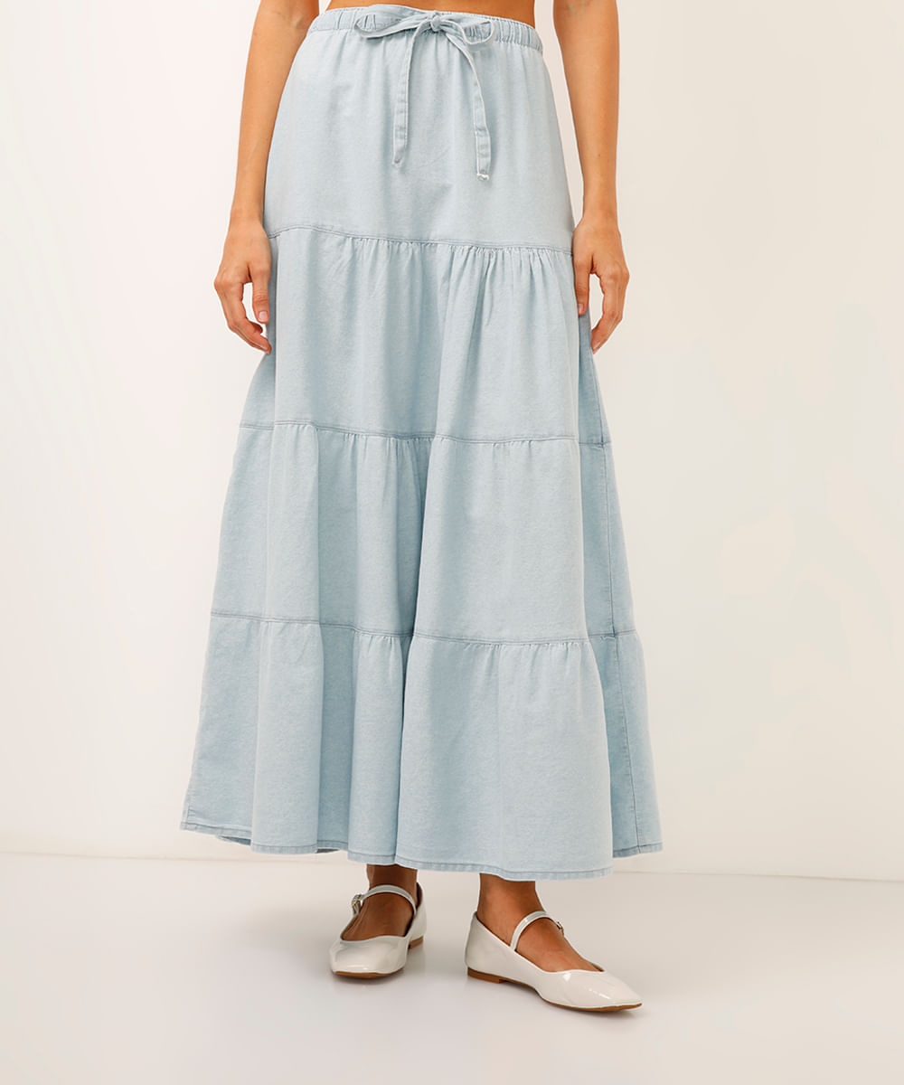 saia godê jeans cós elástico azul