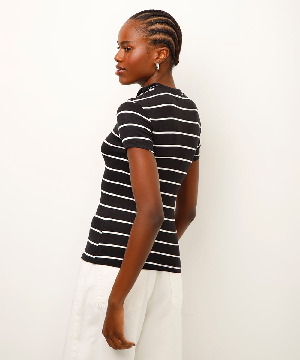 camiseta de viscose canelada com zíper listrada preta