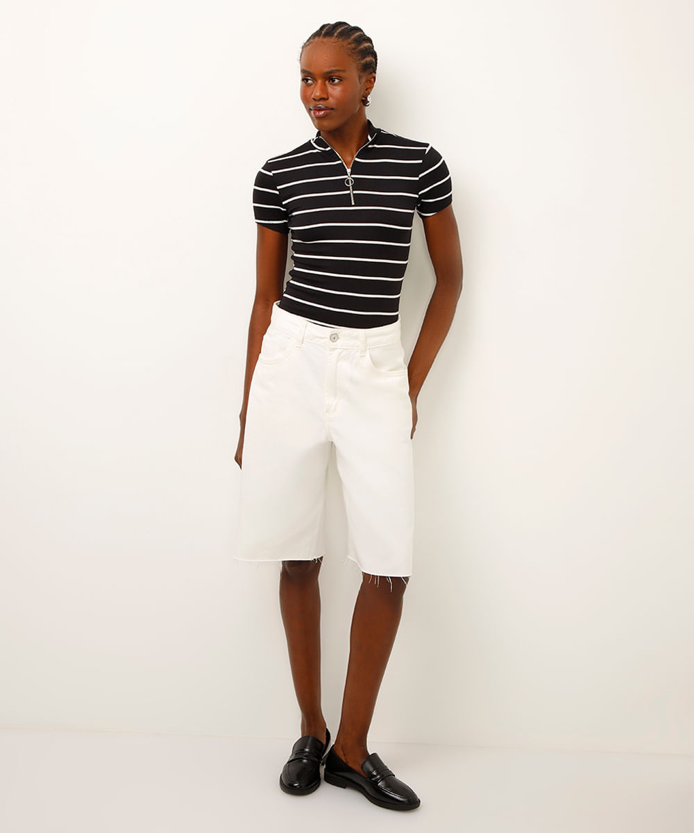 camiseta de viscose canelada com zíper listrada preta