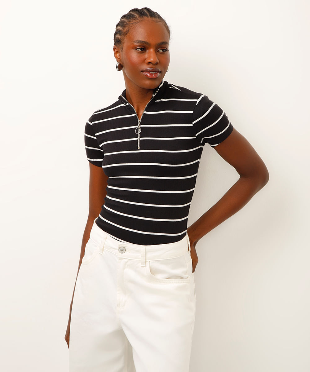 camiseta de viscose canelada com zíper listrada preta