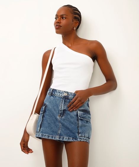 short saia cargo jeans azul