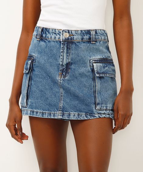 short saia cargo jeans azul