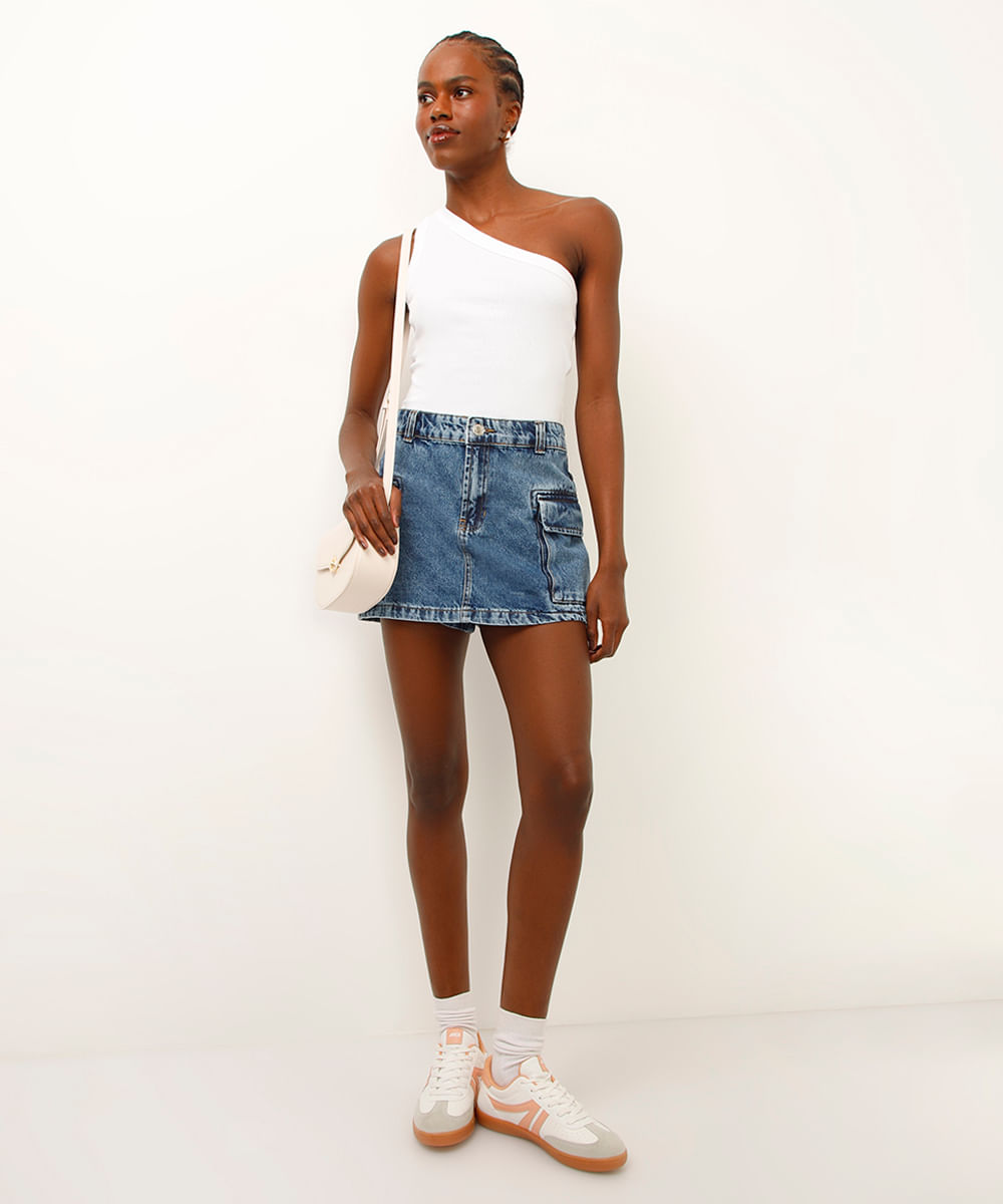 short saia cargo jeans azul