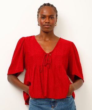 blusa de laise com amarração vermelha