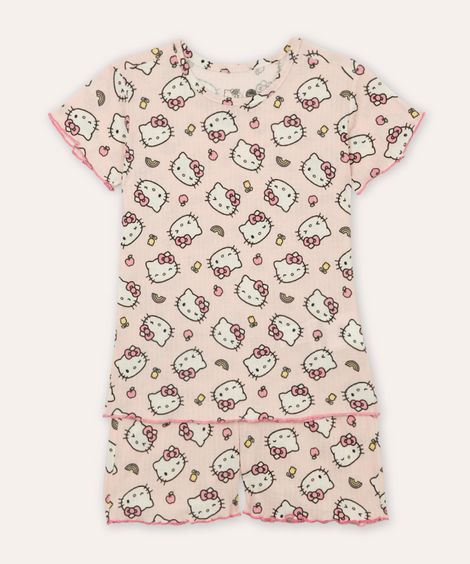 pijama curto infantil canelado hello kitty rosa