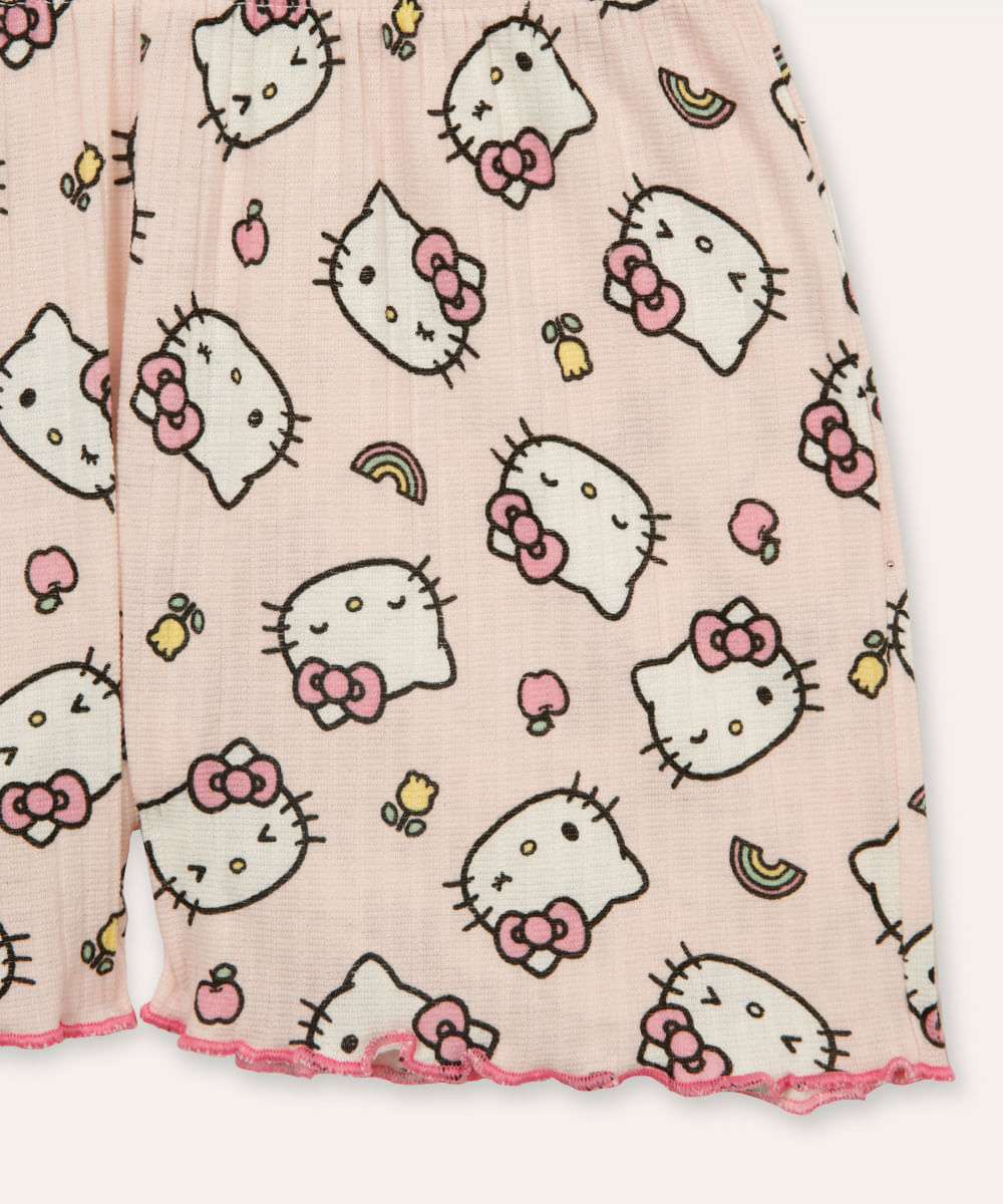 pijama curto infantil canelado hello kitty rosa
