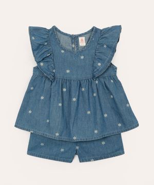 conjunto infantil curto com babados floral azul