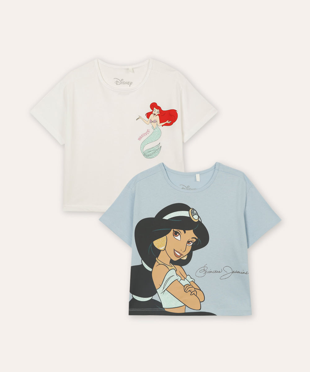 kit de 2 camisetas infantis jasmine e ariel colorida