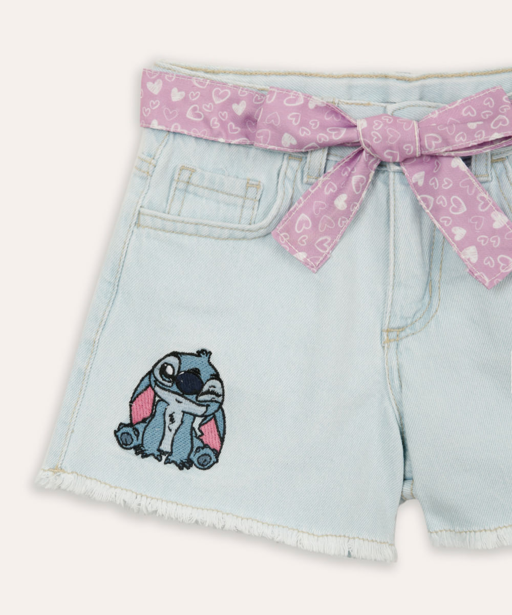 short jeans infantil com bordado stitch azul
