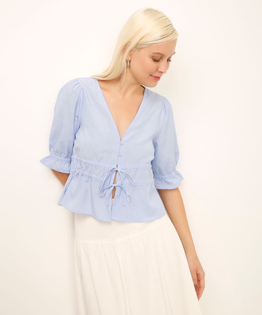 blusa manga bufante listrada com amarração azul